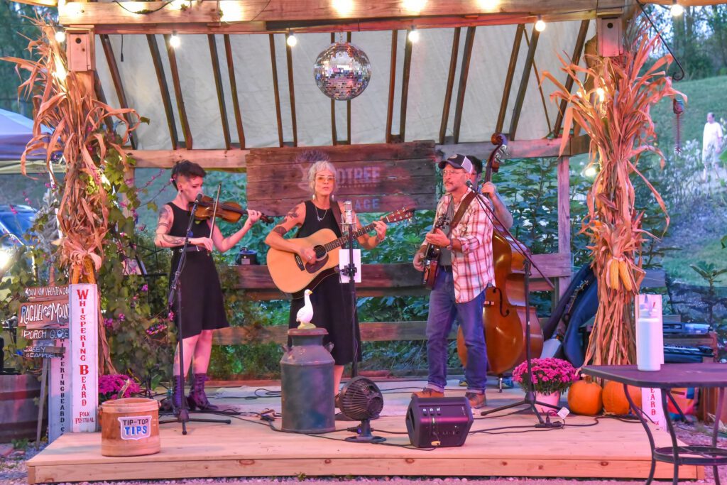 A three-piece string band playing on a wooden stage decorated with corn stalks and string lights